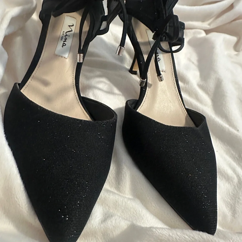 Nina Black Heels with Ankle Strap and Sparkle - Picture 3 of 5